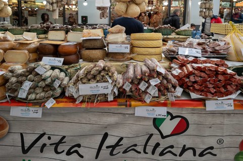 Italian cheese and sausage offer during the Italian weeks in Nuremberg, Middle Franconia, Bavaria,