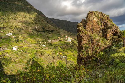 One of the twin rocks Roques de San Pedro, landmark of Hermigua, La Gomera, Canary Islands, Spain,