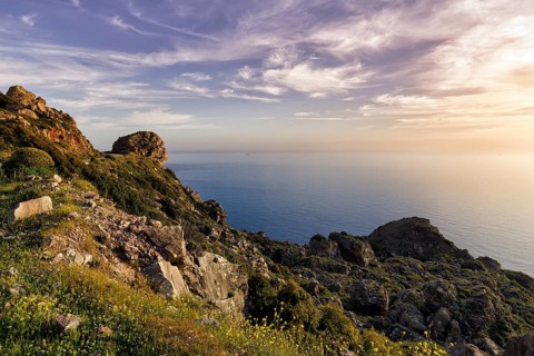 Striking rocky coast, evening sun, Messinian Gulf, Ionian Sea, Mani, Greece, Europe