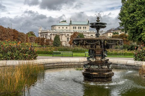 Fountain in the Volksgarten and the Burgtheater Vienna, Austria, Europe
