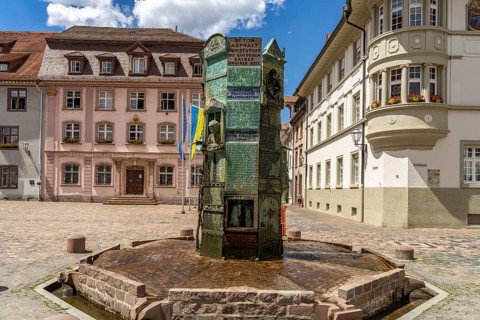 Minster Fountain and the Old Villingen Town Hall on Münsterplatz in Villingen-Schwenningen, Black