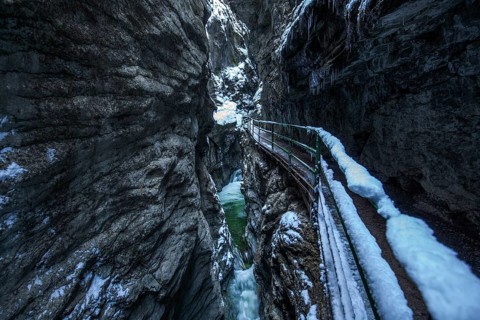Winter, snowy landscape, river Breitach and hiking trail through the Breitachklamm gorge near