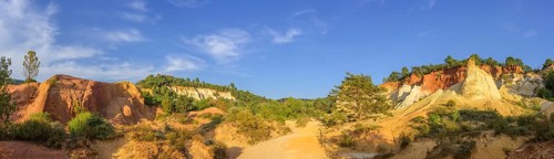 Panorama of the ochre rocks Colorado de Rustrel Rustrel, Département Vaucluse, France, Europe