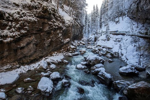 Winter, snowy landscape, river Breitach and hiking trail through the Breitachklamm gorge near