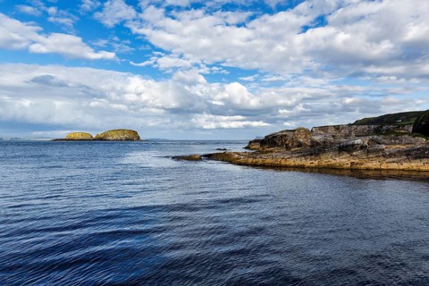 Rocky coast, Sheep Island, coastline, Ballintoy Harbour, Causeway Coastal Route, Antrim, Northern