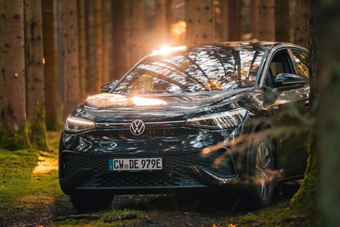 Black car in the forest with sun rays and reflections on the surface, car sharing vehicle Deer