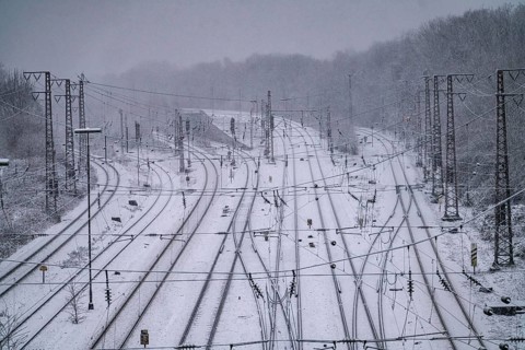 Winter weather, heavy snowfall, railway tracks in front of Essen Central Station, North