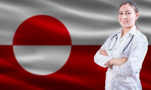 Female doctor on Greenland flag. Doctor with crossed arms on Greenland flag. Greenland Health and