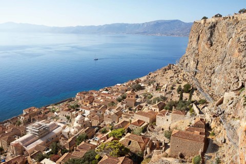 Byzantine castle town of Monemvasia, Monemvassia, Monemwassia, Monembasia, in the Myrtoan Sea,