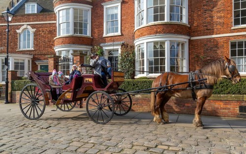 Horse and carriage ride passing houses in Minster Yard of Lincoln cathedral, city of Lincoln,