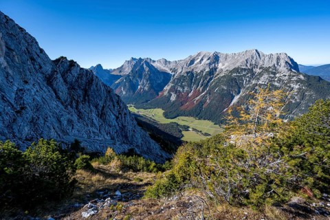Mountain landscape in autumn, view of the Leutasch valley with mountain peak of the Wetterstein