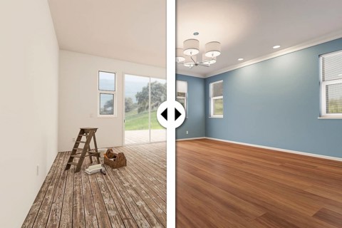 Before and after slider comparing the unfinished condition and the completed light blue painted and