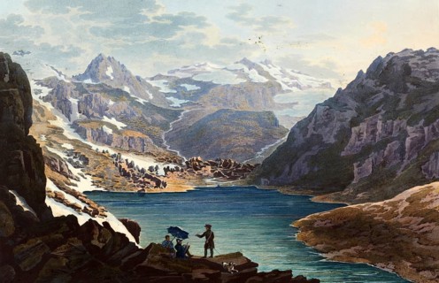 View of the source of the Anterior Rhine, Lake Toma, on Mount Badus, Canton Graubünden in the Swiss
