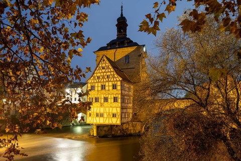 The old town hall on the river Regnitz, Blue Hour, Bamberg, Upper Franconia, Bavaria, Germany,