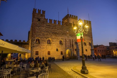 Main square with castle at dusk, Marostica, Province of Vicenza, Italy, Europe