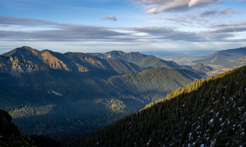 Forest-covered mountain landscape of the Ammergau Alps, hike to Kramerspitz, in autumn, Ammergau