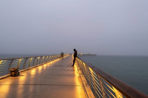Anglers on Prerow pier, opened in 2024, 720 metres long, Prerow, Mecklenburg-Western Pomerania,