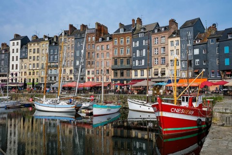 Honfleur, Normandy, France - Boats on the Quai Sainte-Catherine in the old harbour, Vieux Bassin,