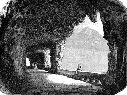 Tunnel of the Axenstrasse at Axenberg and Lake Uri, a connection between the Swiss towns of Brunnen