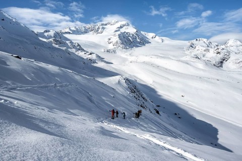 Ski tourer, snow-covered mountain landscape, mountain peak Monte Cevedale and glacier Zufallferner,