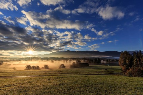 Foggy mood, morning light, mountains, summer, clouds, sunbeams, sunrise, Murnau, view of