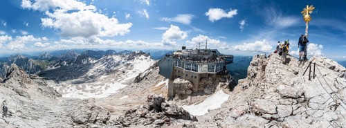 Panorama, view of the Zugspitzplatt, summit of the Zugspitze with golden summit cross and modern