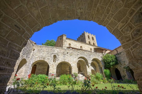 View of the inner courtyard near the cloister of Saint Martin du Canigou Abbey, Casteil,
