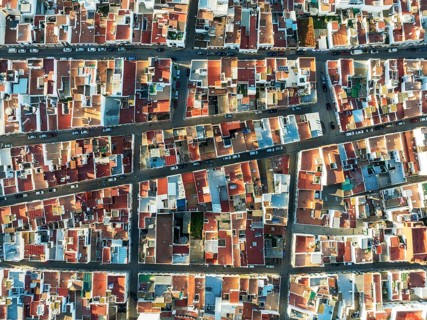 Streets and rooftops in the town of Isla Cristina. Aerial view. Drone shot. Huelva province,