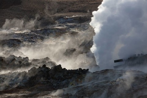 Steam evaporating of the ground at Gunnuhver, close to Reykjanes lighthouse. Gunnuhver is the heart