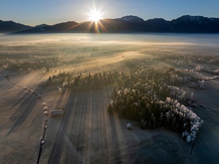 Sunrise, fog, hoarfrost, mountains, winter, forest, backlight, aerial view, Loisach-Lake Kochel
