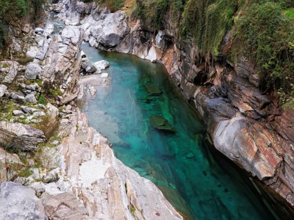 Clear water and rock formations in the Verzasca River, near Lavertezzo, Verzasca Valley, Valle