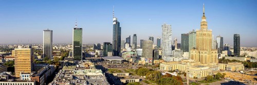 Warsaw skyline panorama skyscrapers with Palace of Culture in the city centre in Warsaw, Poland,
