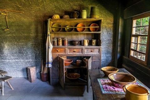 Kitchen of a historic farmhouse in the Black Forest Open-Air Museum Vogtsbauernhof, Black Forest,