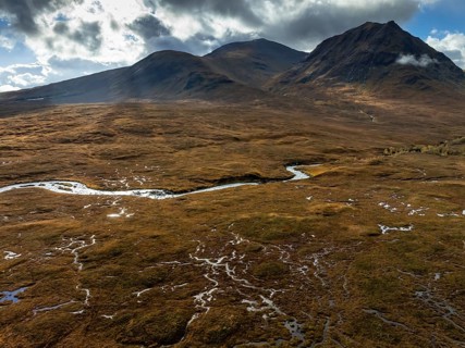 Morning light, cloudy mood, sunbeams, river, moor, mountain landscape, aerial view, autumn, Glen