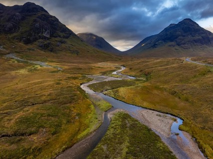 Cloudy mood, river, moor, aerial view, mountain landscape, autumn, Glencoe, Scottish Highlands,
