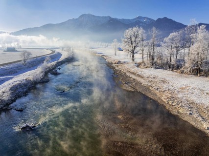 River, morning light, fog, hoarfrost, mountains, winter, snow, aerial view, Loisach, view of