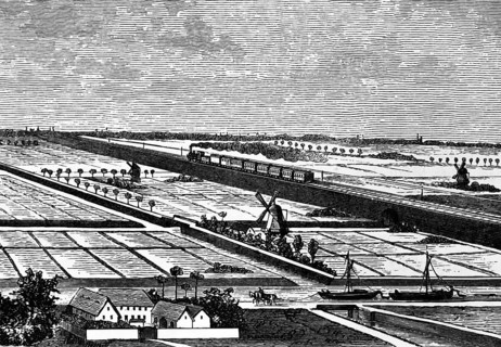 In the polders of Holland, agriculture on the fertile soils of the marshes, farm, windmill,
