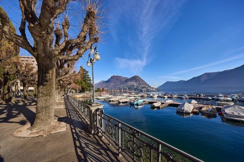 Lakeside promenade, metal railing, lantern, lake, shade, trees, marina, motorboats, mountains, Lake