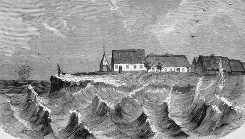 North Frisian Hallig during storm, high swell, thatched roof houses, church with free-standing