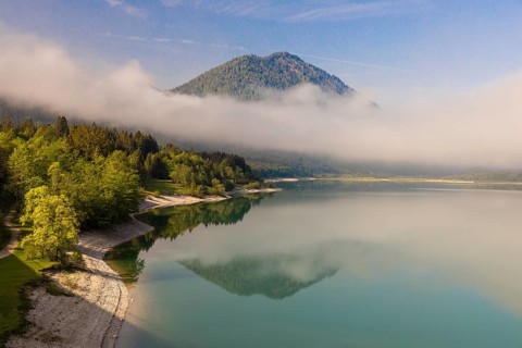 Early morning at the Sylvenstein reservoir, Reservoir in the Isarwinkel, municipality of Lenggries,