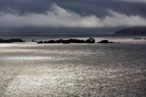 Coastline with rocky islands, viewpoint, dramatic light, Slea Head Drive, Dingle Peninsula, Kerry,