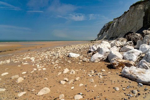 Cliffs and the Cran d'Escalles beach on the Côte d'Opale or Opal Coast in Escalles, France, Europe
