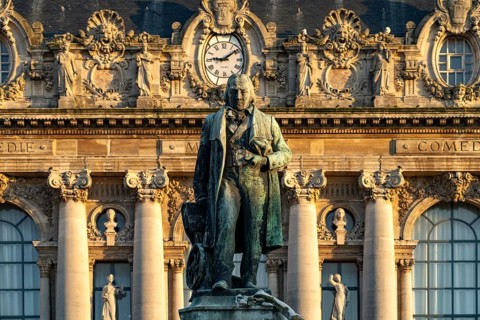 Statue of Joseph Marie Charles or Jacquard and the theatre of Calais, France, Europe