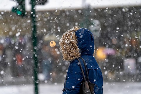 Winter weather, heavy snowfall, city centre traffic, passers-by in the snow, person with fur hood