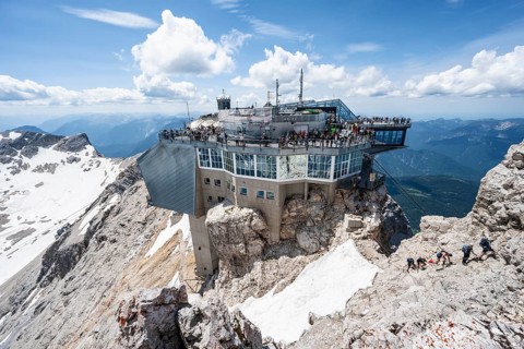 Modern mountain station of the Bavarian Zugspitze railway at the summit of the Zugspitze,