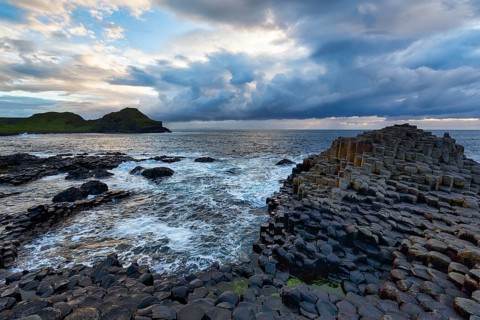 Rocky coast with basalt columns, coastline, dusk by the sea, Giant's Causeway, Giants Causeway,