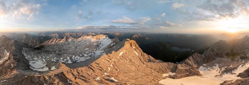 Sunrise, Alpine panorama, aerial view, Zugspitze and Zugspitzplatt with glacier, high mountains,