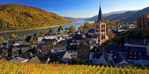 Autumn view of Bacharach on the Rhine with St. Peter's Church, UNESCO World Heritage Upper Middle