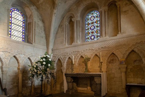 Norman sanctuary architecture inside church of Saint John the Baptist, Devizes, Wiltshire, England,