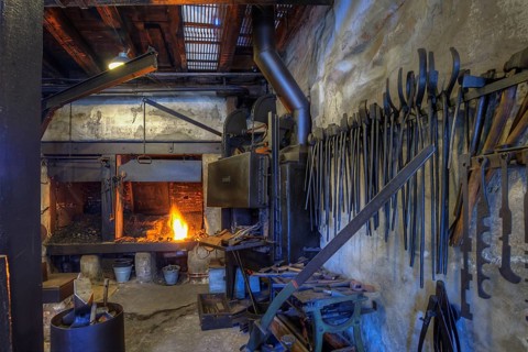 Old hammer forge with forge fire, Lauf Industrial Museum, Lauf a. d. Pegnitz, Middle Franconia,